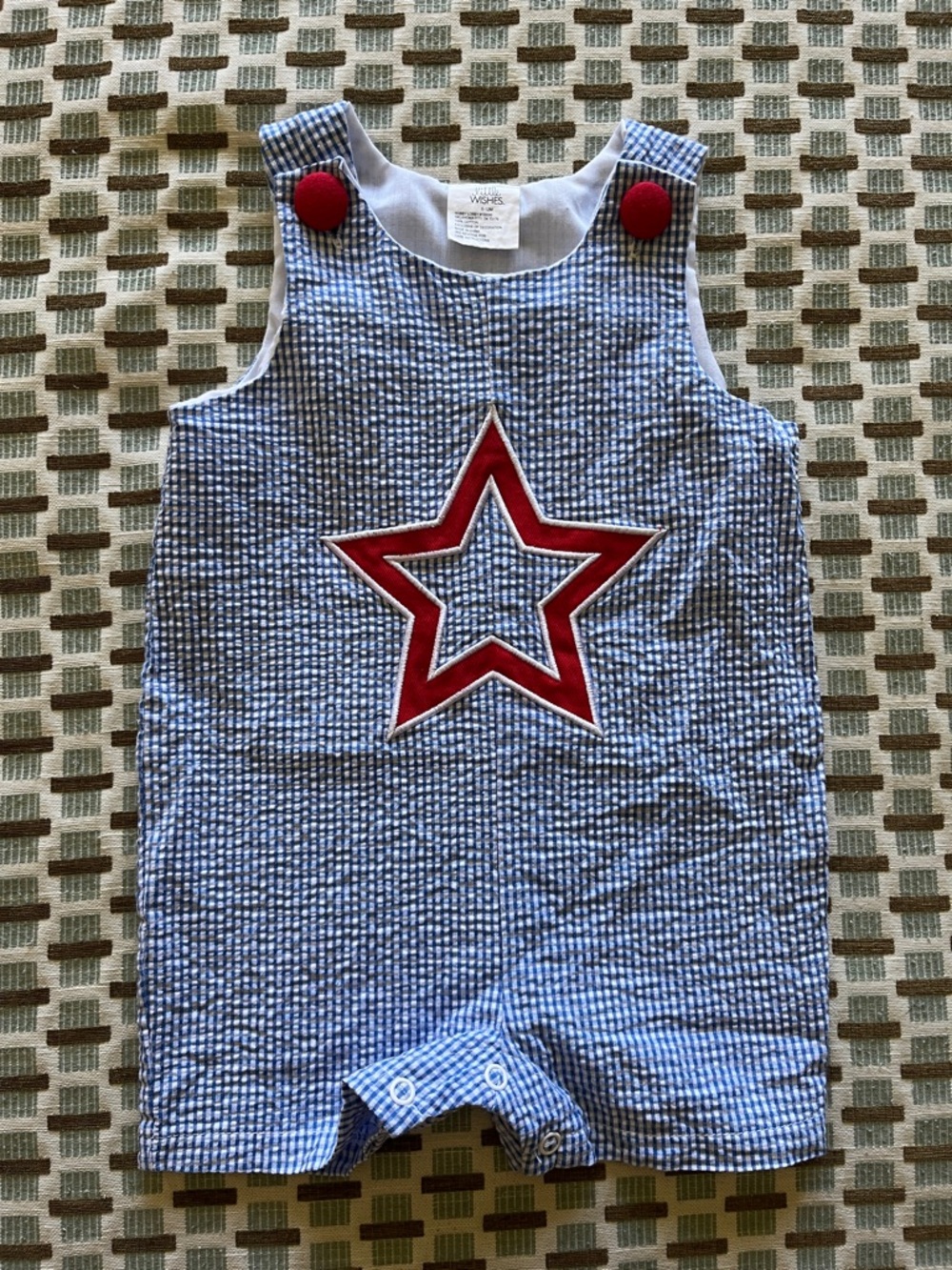 Little Wishes Blue Seersucker Baby Romper with Red Star - size 6-12 mos